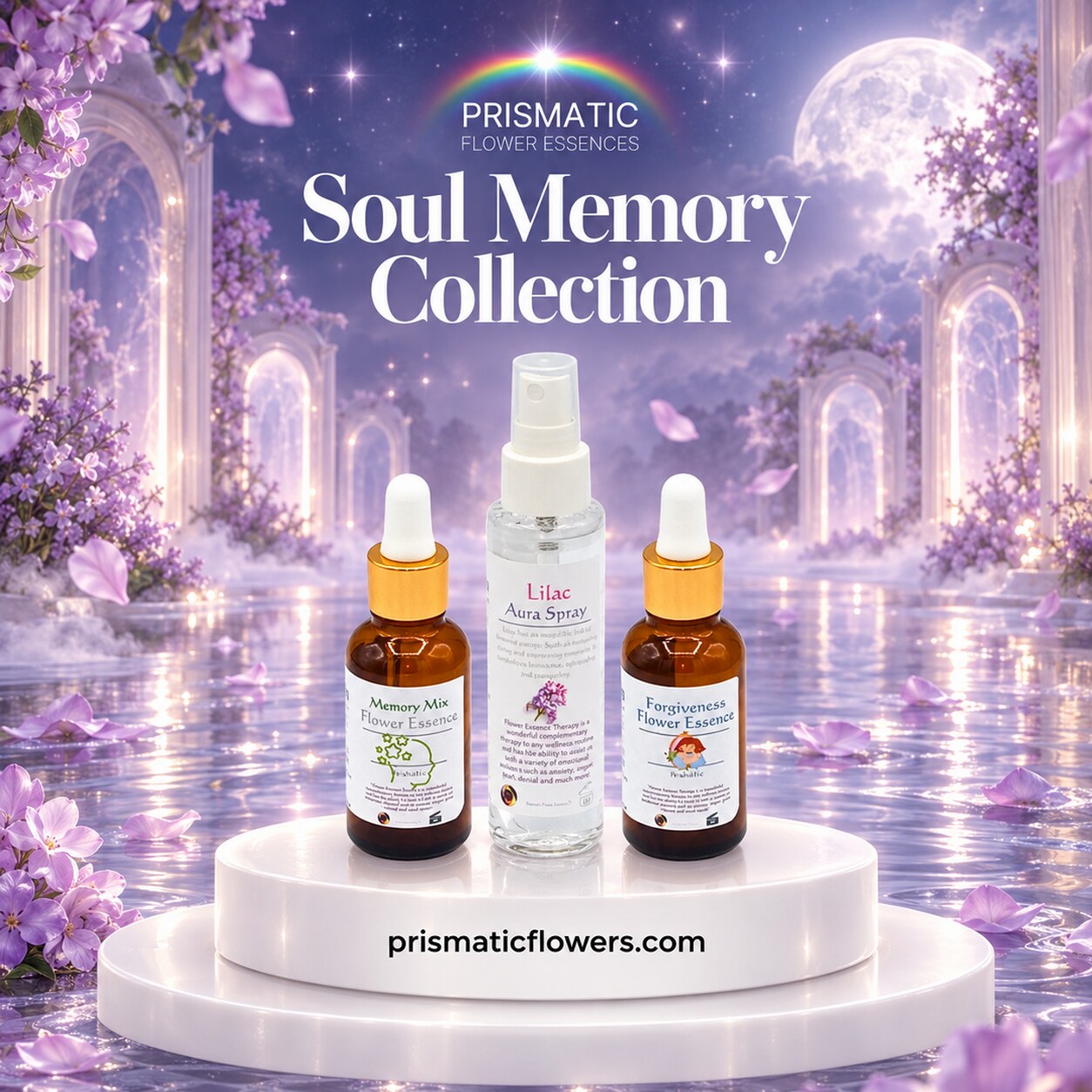 Soul Memory Collection (3-Piece Set): Memory Mix Flower Essence, Lilac Aura Spray and Forgiveness Flower Essence bottles on a white podium on shimmering water among lilac blossoms and white arches under a full moon, by Prismatic Flower Essences