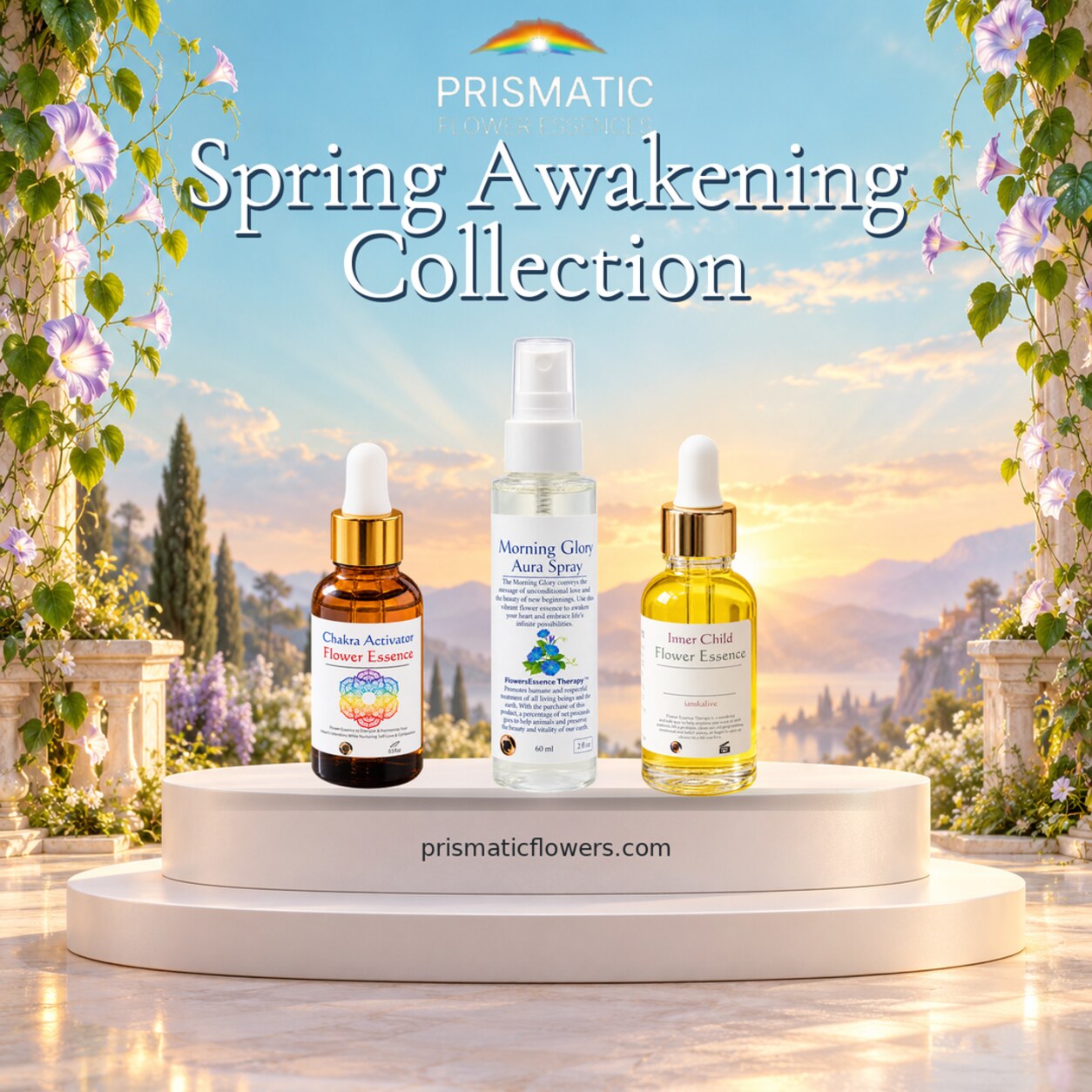 Spring Awakening Collection (3-Piece Set): Chakra Activator Flower Essence, Morning Glory Aura Spray and Inner Child Flower Essence bottles on a white podium at sunrise among morning glory vines, by Prismatic Flower Essences