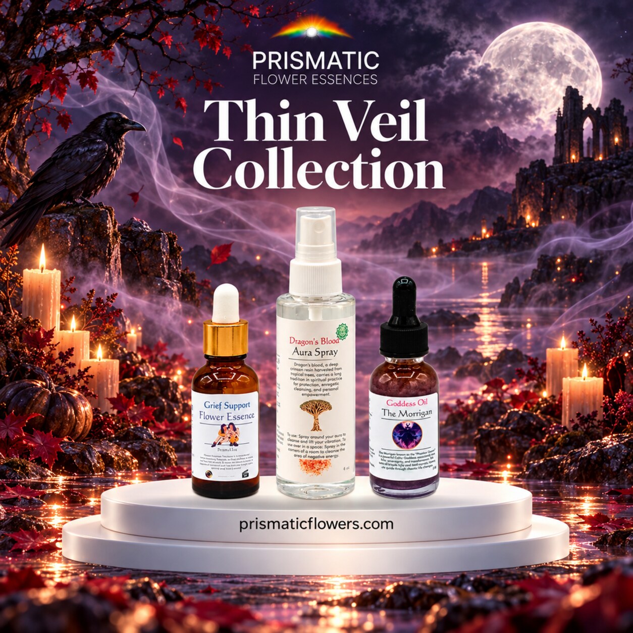 Thin Veil Collection (3-Piece Set): Grief Support Flower Essence, Dragon's Blood Aura Spray and The Morrigan Goddess Oil bottles on a white podium beside a raven, red autumn leaves and candles under a full moon, by Prismatic Flower Essences