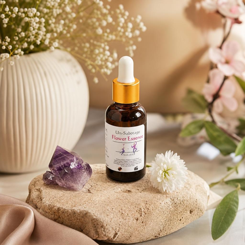 Un-Sabotage Flower Essence Blend 1 oz dropper bottle on travertine stone with amethyst, a white chrysanthemum, baby's breath and cherry blossoms by Prismatic Flower Essences