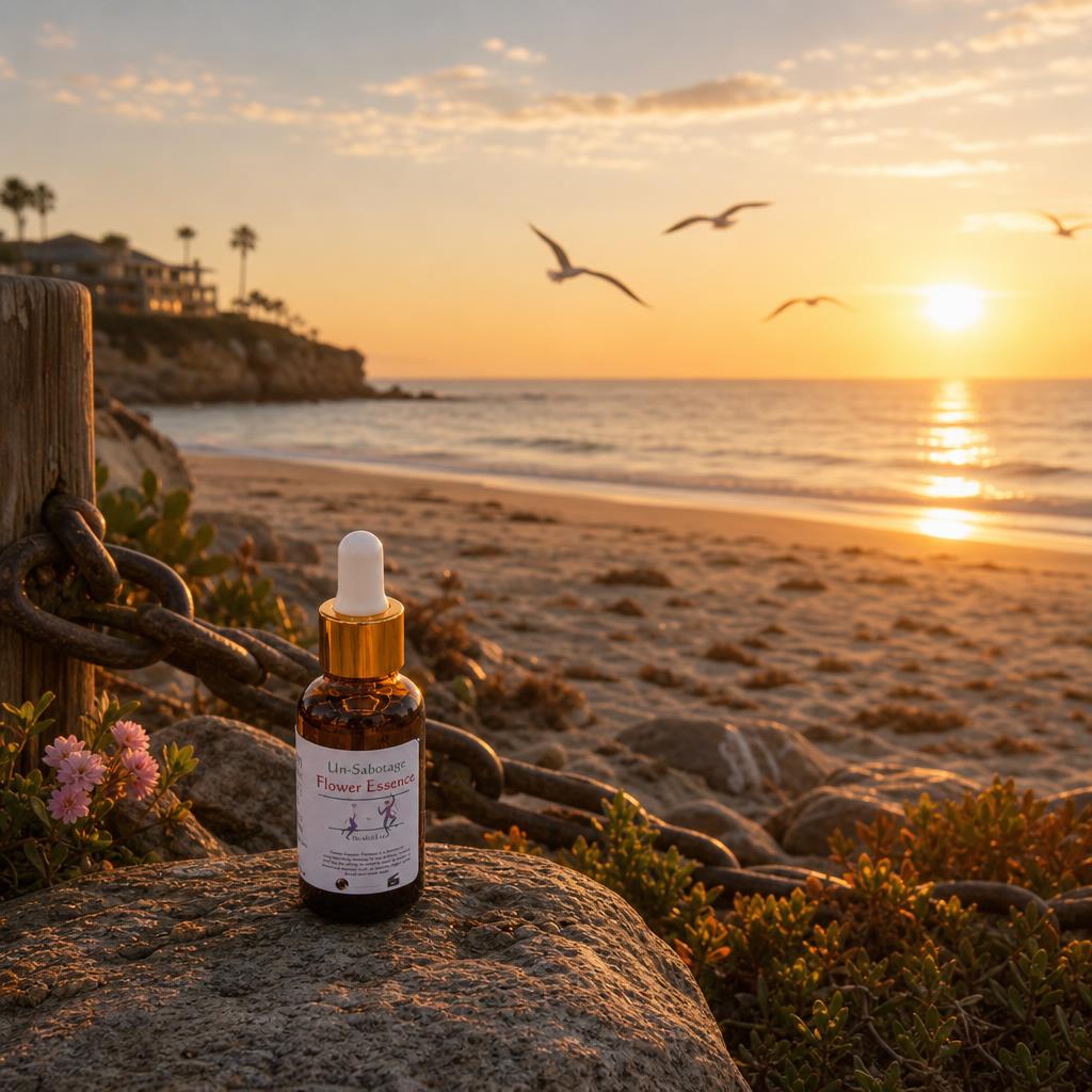 Un-Sabotage Flower Essence Blend 1 oz dropper bottle on a beach rock at sunset with a rusted chain, pink flowers and seagulls by Prismatic Flower Essences