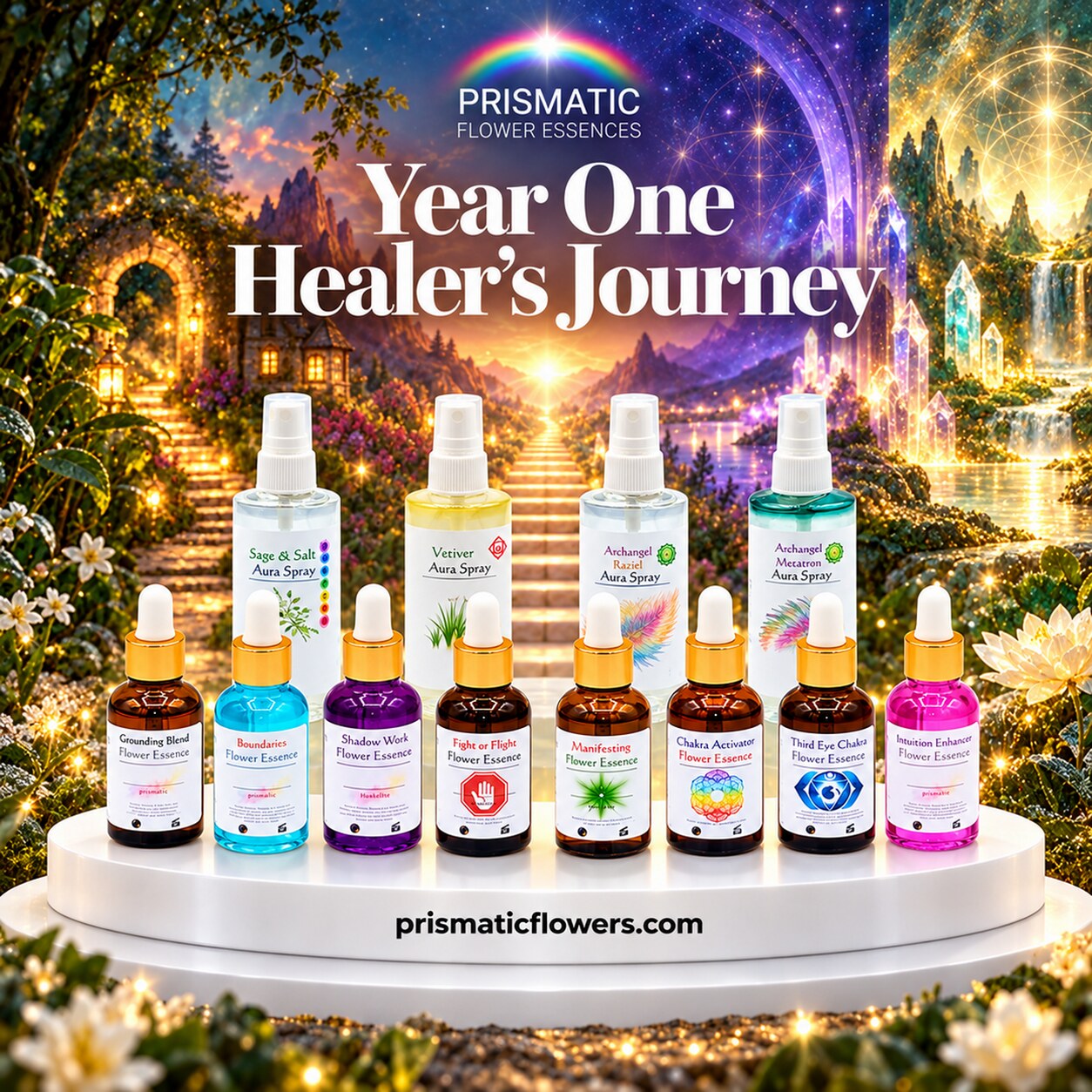 Year One Healer's Journey (12-Piece Set): Sage & Salt, Vetiver, Archangel Raziel and Archangel Metatron Aura Sprays behind eight flower essence bottles on a white podium, with a garden stairway, crystals and a waterfall, by Prismatic Flower Essences