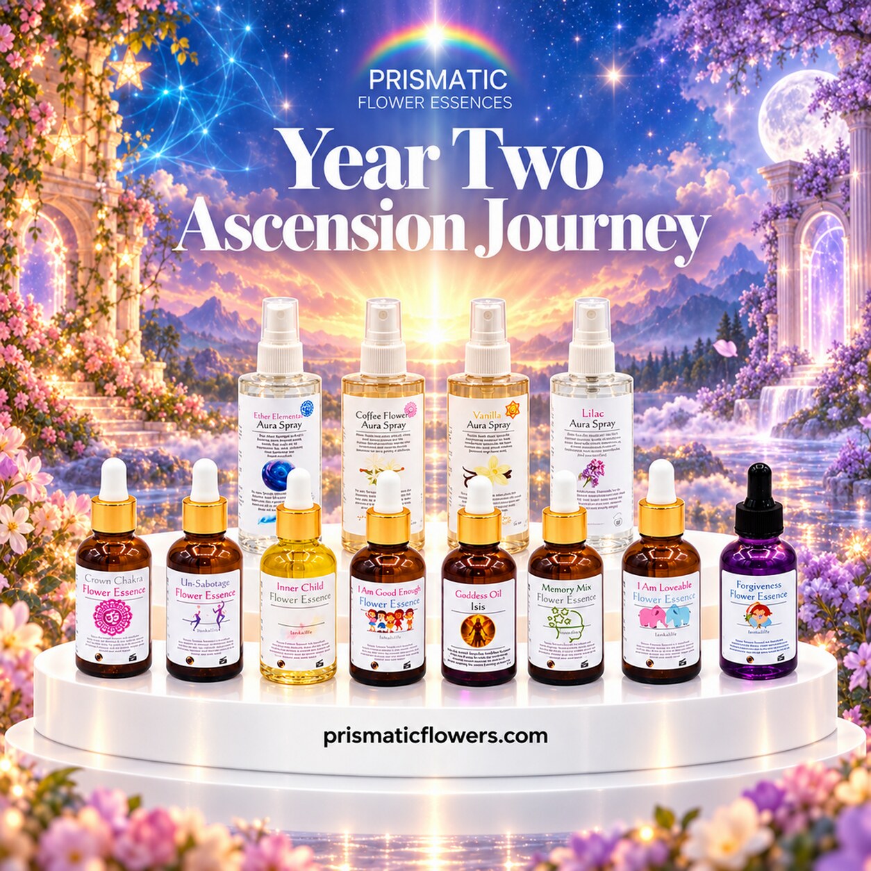 Year Two Ascension Journey (12-Piece Set): Ether Elemental, Coffee Flower, Vanilla and Lilac Aura Sprays behind seven flower essences and Goddess Oil Isis on a white podium among blossoms, white arches and a full moon, by Prismatic Flower Essences