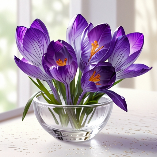 Purple crocus flowers in clear glass bowl, spring floral arrangement with vibrant violet petals and orange stamens, elegant centerpiece on white background