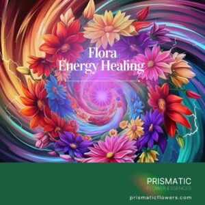 Flora Energy Healing service image with colorful healing flowers arranged in energetic spiral pattern for topical flower essence therapy and natural energy balancing.
